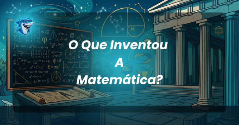 Ilustração de um templo grego com um quadro-negro de equações e um céu estrelado, representando a origem e o que inventou a matemática.