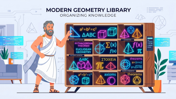 Ilustração moderna de um estudioso grego organizando formas geométricas e números em uma estante brilhante.