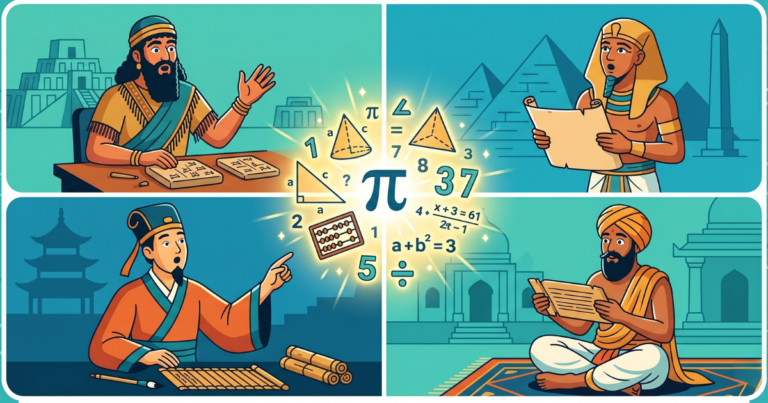 Ilustração moderna mostrando diferentes civilizações antigas descobrindo a matemática de forma independente.