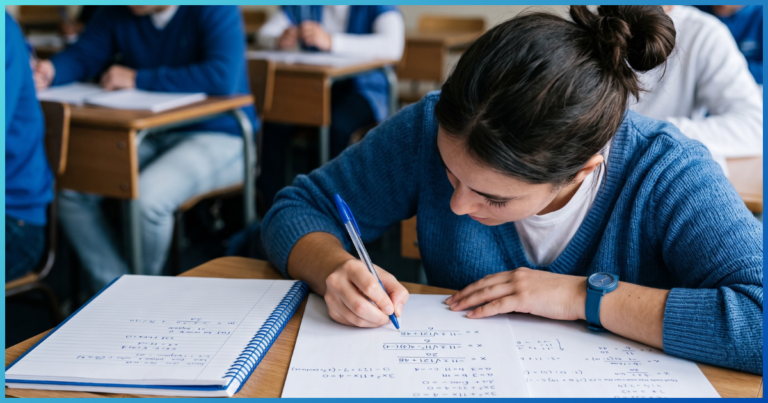 Aluna resolvendo equação do 2º grau em prova de matemática.